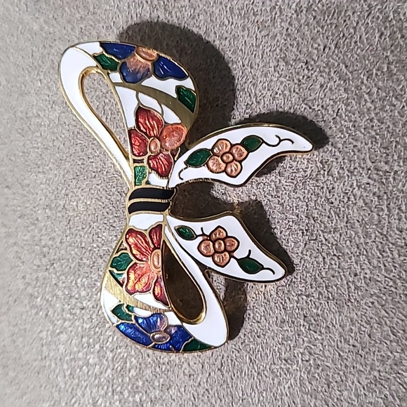 Vintage 1980's Gold Tone Cloisonne Bow Brooch Floral Enamel - Picture 9 of 11